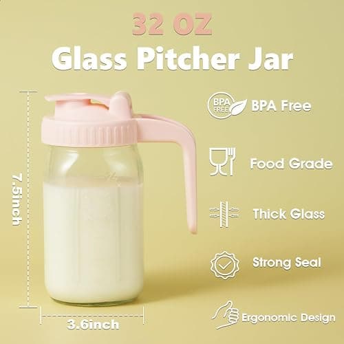 32oz Glass Pitcher with Lid & V-shaped Pour Spout - 1 Quart Double Leak Proof, Creamer Container for Sun Tea, Juice, Cold Brew Coffee, Breastmilk Storage Container thumbnail 3