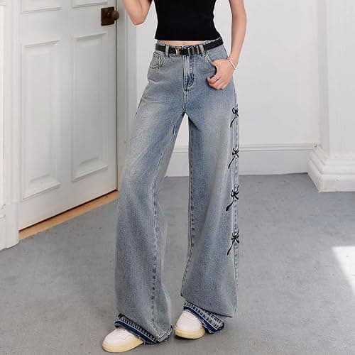 kakarin choyx Fashion Women's Jeans Y2K High Waist Casual Vintage Baggy Straight Cut Cute Bow Embroidered Denim Pants thumbnail 2