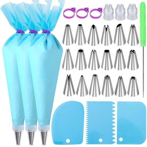 Piping Bags and Tips Set, Cakes Decorating Kit Supplies with 3 Reusable Pastry Bags, 18 Frosting Tips, 3 Couplers, 3 Bag Ties, 3 Cake Scraper, 1 Cake Decorating Tools for Cookie Icing - Image 1