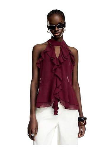 RoseSeek Women's Flowy Going Out Halter Tops Ruffle Mesh Tops Cut Out Sleeveless Tie Neck Tank Top Summer Outfit - Image 1