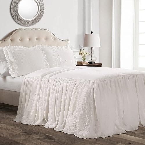 Lush Decor Ruffle Skirt Bedspread Set - 3 Piece Luxurious Farmhouse Bedding Set - Elegant, Charming Ruffle Detail - Timeless Style & Classic Design - Soft and Lightweight - King, White - White - King - Image 1