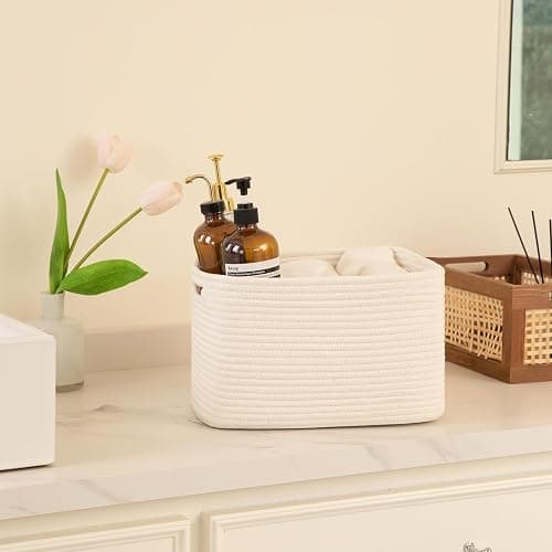 OIAHOMY 4 Pack Storage Baskets for Organizing, Cube Storage Bins for Shelves, Rectangle Storage Baskets With Handles, Woven Baskets for Storage, 12.7''Lx9''Wx7.8''H, White thumbnail 5