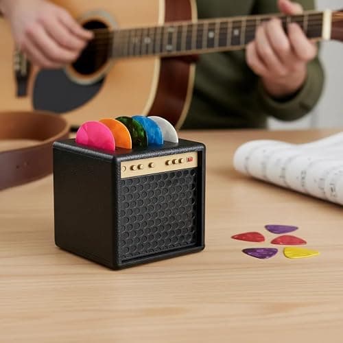H.WW Guitar Pick Holder Case, Mini Amp Speaker Shaped with 5 Picks | ABS plastic molded, not 3D printed, hand-painted gold finish, snug-fit closure,amp speaker shape,Unique Gifts for Musicians thumbnail 4