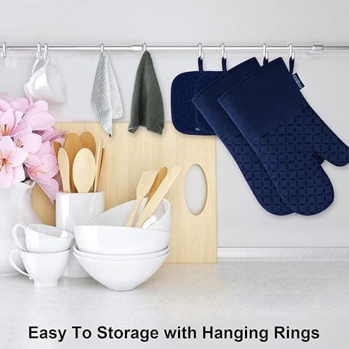 KEGOUU Oven Mitts and Pot Holders 6pcs Set, Kitchen Oven Glove High Heat Resistant 500 Degree Extra Long Oven Mitts and Potholder with Non-Slip Silicone Surface for Cooking(Marine Blue) thumbnail 2