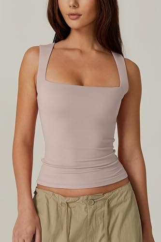 QINSEN Women's Square Neck Sleeveless Double-Layer Tank Tops Basic Tight T Shirts thumbnail 4