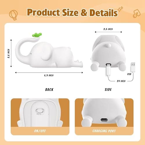 MAGOHMT Silicone Elephant Night Light for Kids - 3-Level Dimmable & Rechargeable LED Lamp, Touch Control Soft Animal Light for Nursery, Baby Room Decor thumbnail 2