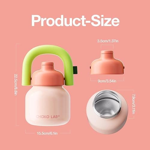 CHAKO LAB Water Bottle with Straw and Carry Handle | Wide Mouth vacuum insulated stainless steel Bottles | Reusable, leak-proof and BPA-free | 33oz (Pink&Green) thumbnail 3