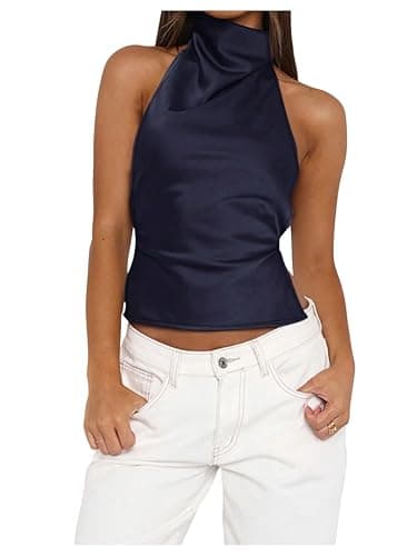 SOLY HUX Women's Satin Halter Backless Crop Top Sexy Sleeveless Tank Shirts Festival Party Clubwear - Image 1