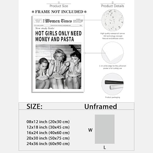 Vintage Women Times Newspaper Canvas Wall Art Black and White Aesthetic Poster Funky Hot Girl Eating Pasta Fashion Prints for Italian Kitchen Bar Cart Girly Dorm Room Art Posters 12x16inch Unframed thumbnail 2