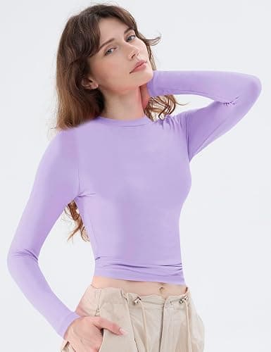 Women's Soft Long Sleeve Shirts Crew Neck Tops Basic Tees Stretchy Going Out Crop Tops Y2K Slim Fit T-Shirts thumbnail 2