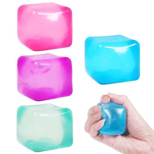 4pack Stress Cube Squishy Stress Balls for Adults Kids Fidget Toy for Your Best Mellow and Chill -Ice Cubes-Square Shape with Filling in Pink Blue Purple Green -Age 3 to Adult(4pcs Cube) - 4pcs cube squishy toy