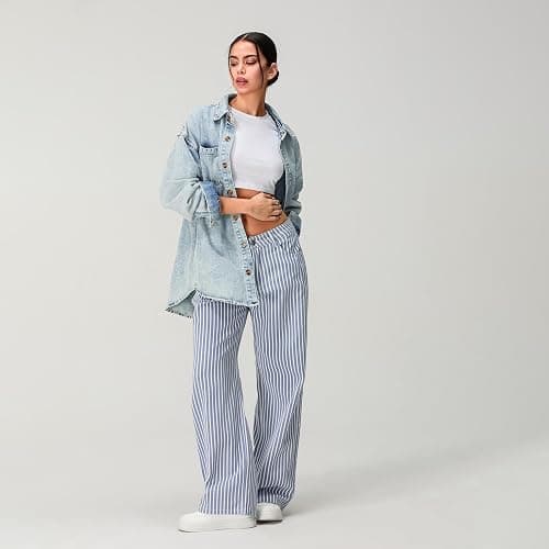 Mxiqqpltky Y2k Striped Bell Bottom Jeans Women High Waisted Boyfriend Denim Pants Baggy Wide Leg Stretchy Bootcut Flare Jeans thumbnail 3
