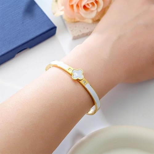 KYJAC 18k Gold Plated Stainless Steel Four Leaf Clover Bracelet for Women - Non-Tarnish, Precision Polished Chunky Oval Bangle in Black, White, Pink, Red Clover Bangle thumbnail 6