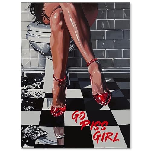 WBSTGUE Funky Bathroom Canvas Wall Art Go Piss Girl Poster Funny Vintage Toilet Print Trendy Disco Art Wall Decor for Girl College Apartment 12x16inch Unframed - Image 1