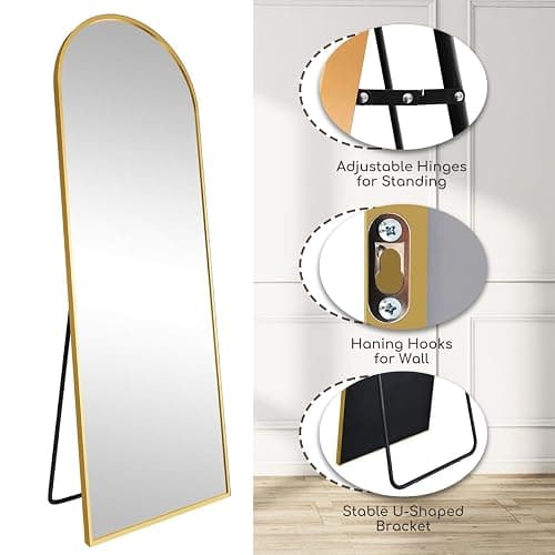 Prywot Arched Full Length Mirror, 70"x26" Free Standing Floor Mirror, Modern Full Body Mirrors with Stand, Wall Mirrors with Aluminum Alloy Frame for Bedroom,Living Room, Gold thumbnail 6