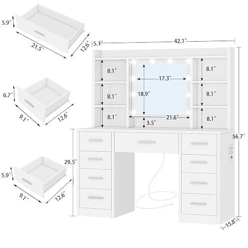 FIONESO Vanity Desk with Mirror and Lights, Power Outlet, Makeup Vanity with 9 Drawers & 6 Open Storage Shelves, 3 Lighting Modes Brightness Adjustable, White thumbnail 2
