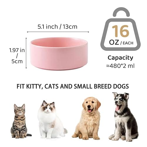 Welloyed Ceramic Set of 2 Dog and Cat Bowls - Classic Food & Water Bowl for Kitty, Cats and Toy Breed Dogs, Weighted Dog Dishes, Food Grade Pet Bowl, Dishwasher & Microwave Safe (5.1'', 2*16OZ, Pink) thumbnail 3