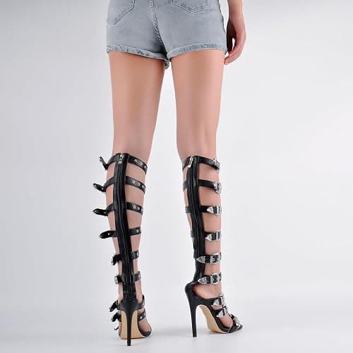 richealnini Back Zip Up Knee High Gladiator Sandals Buckle Belt Straps Wrap Heels for Women thumbnail 4