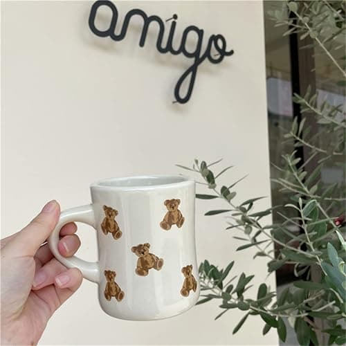 Heardbeli Women Girls Creamy White Cartoon Bear Mugs Ceramic Coffee Mug Water Cup 350ML/12OZ. Cute Funny Novelty Gift thumbnail 5