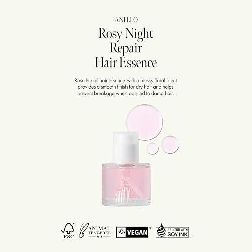 ANILLO Rosy Night Repair Hair Essence with Damask Rose Extract, Rosehip Oil, Peptide Complex for Dry, Damaged, Frizzy Hair - Musky Floral Scent, Vegan, Paraben-Free 50ml / 1.69 fl. Oz thumbnail 2