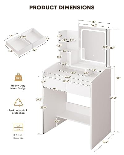 LIVELYGLOW Small Makeup Vanity Desk with Lighted Mirror, White, 23.62" W x 15.74" D x 53.93" H (Smart LED Mirror, Open Shelves, 2 Drawers) thumbnail 2