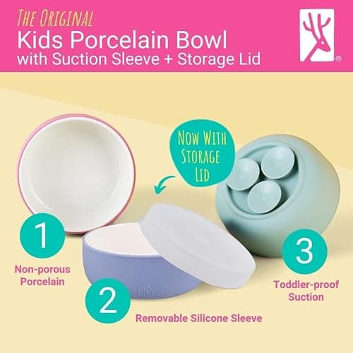 Elk and Friends Kids Porcelain Bowls with Silicone Suction Sleeves | Lids Included | Suitable for Babies/Toddlers | Microwave & Dishwasher Safe | Stay Put Dinnerware | Snack Dishes | 4 Pack thumbnail 3