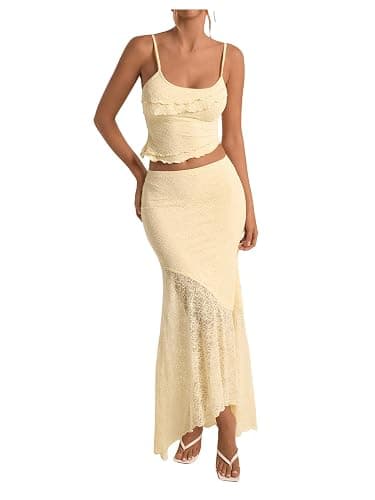 PRSFPN Women's 2 Piece Outfits Ruffled Cami Crop Top & Flowy Maxi Skirt Boho Chic Sets - Image 1