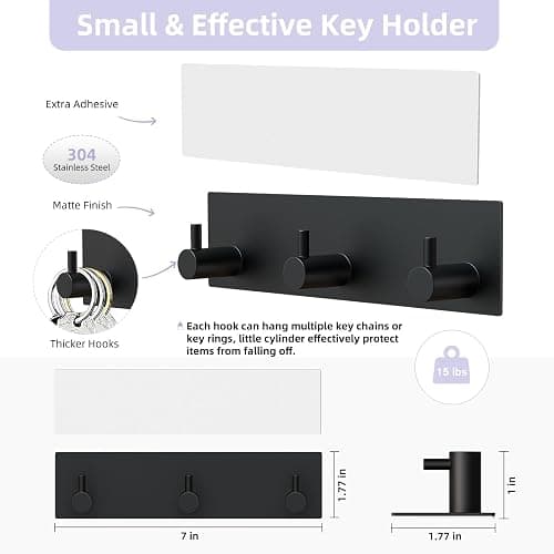 VIS'V Key Holder Wall Mount, Small Metal Self Adhesive Key Hanger with 3 Hooks, No Drilling, Extra Adhesive Strip, Black thumbnail 4