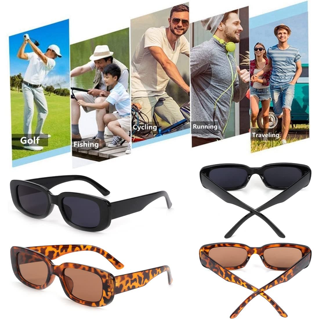 2 Pack Retro Fashion Rectangle Sunglasses Small Square Frames Sun Glasses 90s Vintage Wide Frame Eyewear for Women and Men UV 400 Protection thumbnail 2