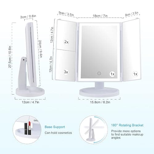 GRIFEMA Specchio per Trucco Trifold con Luce a 32 LED, con Illuminazione, Ingrandimento 3/2/1, Specchio da Tavolo Touch, Regolabile a 180°, USB e Batteria, Bianco thumbnail 3