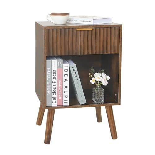 Fultyle Mid Century Modern Nightstand, Wood Bedside Table with Drawer and Opening Storage, End Table Living Room Fluted Night Stand with Solid Wood Legs for Bedroom (Rustic Brown) thumbnail 7