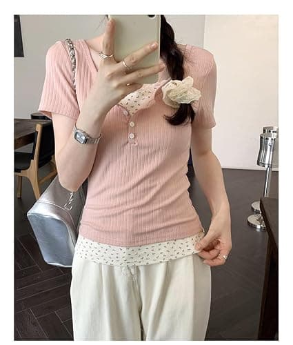Women Lace Trim Y2K Cute Tshirt Coquette Floral Summer Ribbed Knit Crop Top Fairycore Baby Tees Cottagecore 90s Shirt thumbnail 4