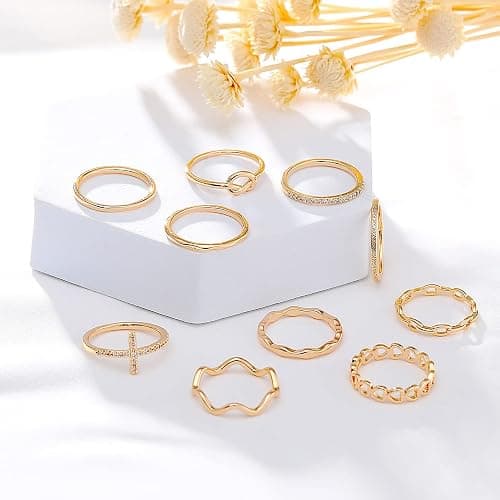 ZOERAY 10PCS 14K Gold Plated Stacking Rings for Women Thumb Stackable Knuckle Band Rings Plain Twist Thin Joint Finger Wedding Gold Ring Set for Women Size 4 to 11 - Image 1