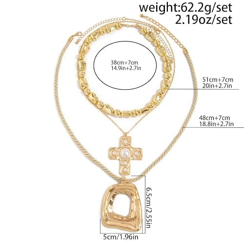 Layered Gold Chunky Cross Necklace For Women Stacked Gold Irregular Geometric Square Pendant Necklace Unique Punk Hip-Hop Oval Hollowed-Out Chain Necklace Fashion Accessories Creative Jewelry For Women thumbnail 5