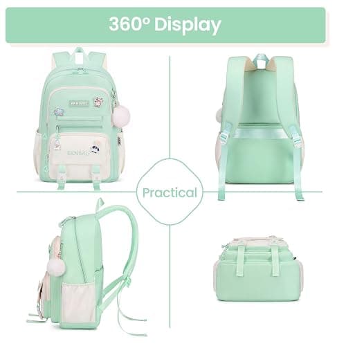 Tanou School Backpacks for Girls, 20 Liters Kawaii Girls School Bag with Pendant, Lightweight Nylon Childrens Backpack for Primary Junior School, Green thumbnail 7