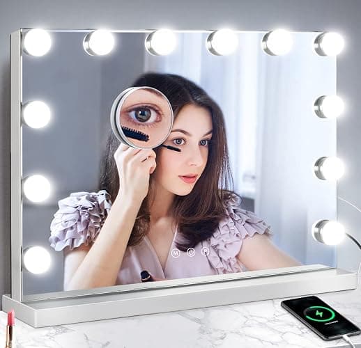 M MIVONDA Vanity Mirror with Lights, Lighted Makeup Hollywood Mirror with Dimmable 3 Color Lights LED Bulbs for Desk and Wall, Mirrors with Plug-in and USB Charger for Bedroom thumbnail 8