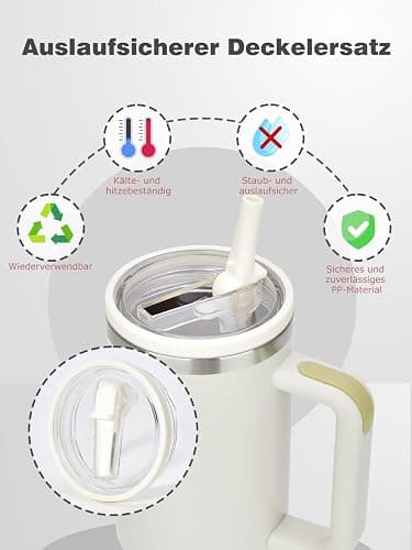 2 Stück für Stanley Cup Deckel Auslaufsicher, mit 2x Trinkhalmen und 1x Strohhalm Bürste, Wiederverwendbarer Ersatzdeckel, BPA Frei, Kompatibel Mit Stanley Quencher H2.0 40oz Cup (Beige) thumbnail 5