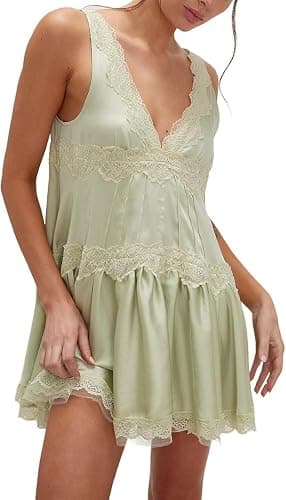 Women's Satin Lace Slip Mini Dress Y2k Summer Ruffle Hem Silk Flowy Swing Going Out Boho Streetwear Short Dresses - Image 1