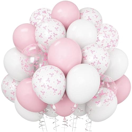 Pink Bow Balloons Light Pink and White Balloon 12inch Clear Bow Balloons Coquette Birthday Party Decorations Helium Latex Balloon for Arch Bridal Shower Bachelorette Weddiing Decor - Image 1
