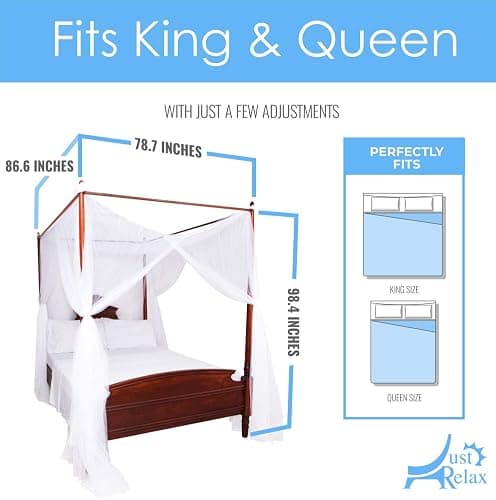 Just Relax Four Corner Post Decorative Elegant Bed Net Canopy Set, White, Full/Queen/King, 86.6x78.7x98.4 Inches thumbnail 3