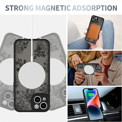 AIGOMARA Case for iPhone 14 [Compatible with MagSafe] Black Flower Floral Pattern Design for Women Girls Soft TPU Bumper Hard PC Back Anti-Fall Shockproof Protective Slim Magnetic Cover thumbnail 3