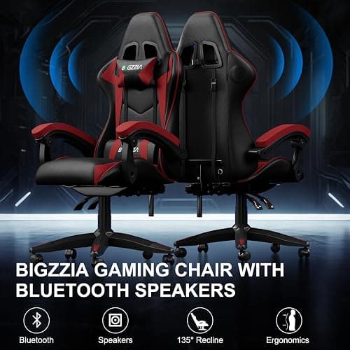 Bigzzia Ergonomic Gaming Chair With Speakers Lumbar and Headrest Cushions | Built-in Bluetooth Speakers, 360° swivel, High-density Padding, up to 110kg for Adults (Red) thumbnail 7