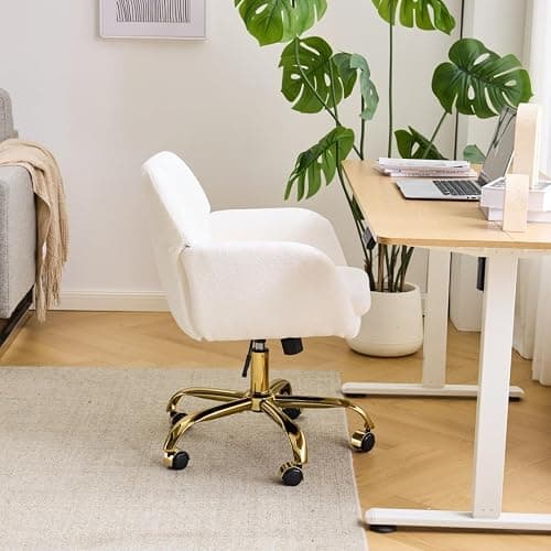 VINGLI Comfy Fuzzy Vanity Chair, Swivel Makeup Chair with Wheels, Upholstered Height Adjustable Armchair with Gold Base, Modern Ergonomic Desk Chair for Bedroom, Home Office, Pure White thumbnail 2
