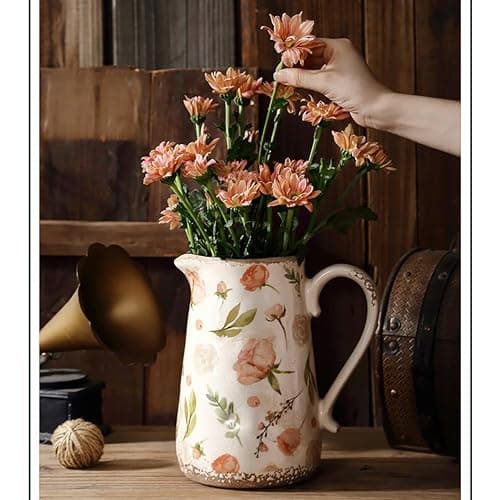 XIUWOUG Vintage Flower Vase Rustic Vases for Home Decor, Distressed Floral Vases with Handle, Ice Crack Pitcher Vase Scroll Tuscan Planter Gardening Decoration,C2 thumbnail 3