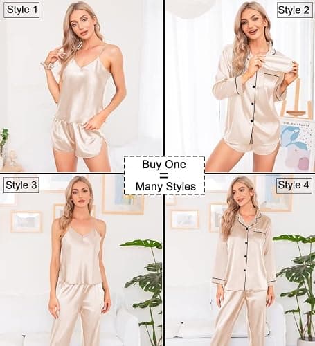 SWOMOG Women Satin Pajamas 7pcs Silk Sleepwear Sexy Cami Shorts Set Long Sleeve Button Down Pjs Loungewear with Eye Mask thumbnail 2