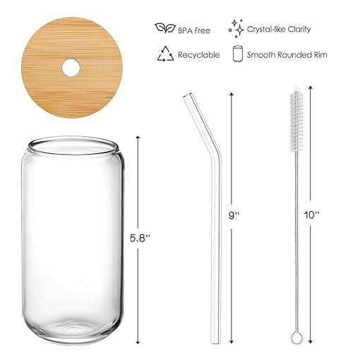 Drinking Glasses with Bamboo Lids and Glass Straw 4pcs Set - 16oz Glass Cups, Iced Coffee Glasses, Cute iced Tea Glasses, Beer Glasses, Ideal for Coffee Bar Accessories, Aesthetic Gift - 2 Brushes thumbnail 4