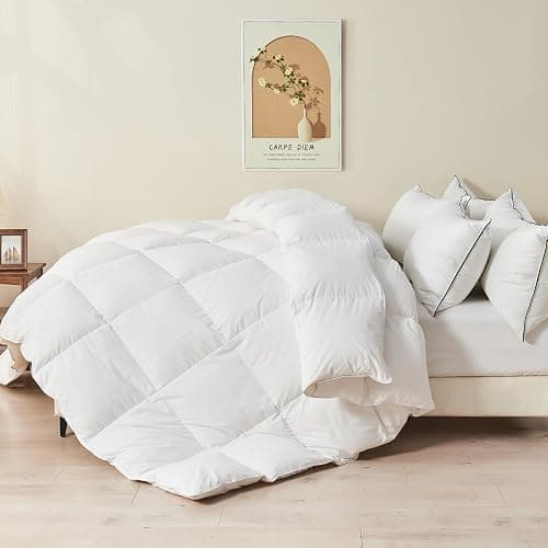 TOPGREEN 100% Organic Feather Down Comforter Full/Queen Size, Luxury Extra-Fluffy Duvet Insert, All Season Bed Comforter with Ultra-Soft Organic Cotton Case (90x90 Inch, Ivory White) - Image 1