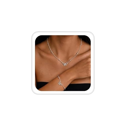 MILACOLATO Jewellery Set for Women Gold Silver Necklace and Bracelet Set | 14K Gold Plated Hypoallergenic Chorker Necklace Link Chain with Bow CZ Four Leaf Clover Dainty Wedding Bride Jewelry Set - Image 1