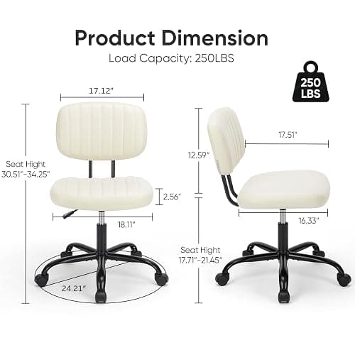 DUMOS Armless Home Office Desk Chair -Small Ergonomic with Low Back Lumbar Support, Height Adjustable PU Leather Computer Task with 360° Swivel Rolling Wheels, for Small Space, Beige White thumbnail 2