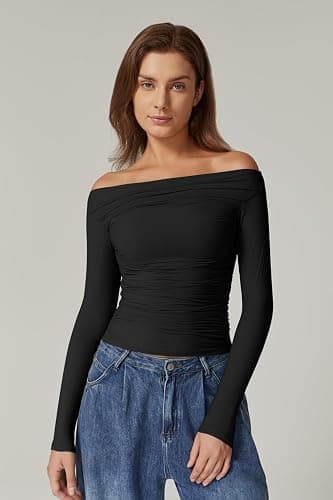 QINSEN Womens Off Shoulder Long Sleeve Tops Ruched Going Out Crop Slim Fitted Double Lined Shirts thumbnail 2